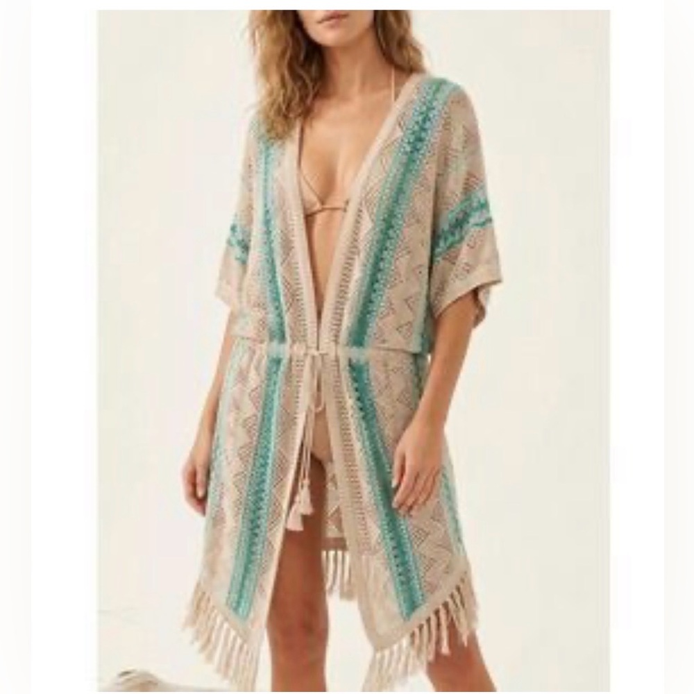 Chico's Linen Boho Teal Mix Fringe Cardigan Sweater Crochet -Sz Medium